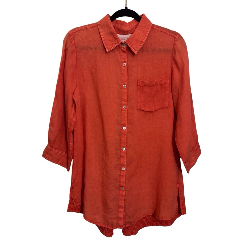 Kyla Seo Size Small Orange Linen Embroidered Button Up Top Boho Blouse Floral